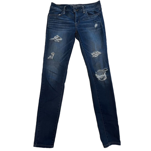 American Eagle Outfitter Women Blue Jean Jeggings Sz 8 Regular Distressed Ripped - Picture 1 of 6